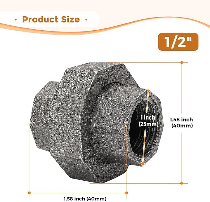 1/2" Pipe Fittings Union Home Expert 4 Pack Malleable Cast Iron Pipe Union | - Image 3