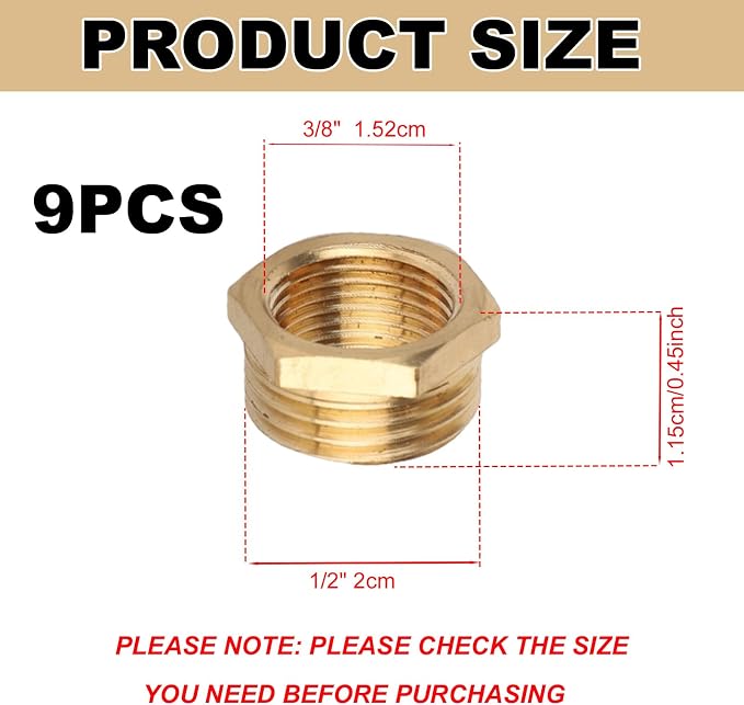 9pcs Brass Reducer Hex Bushing, 1/2" NPT Male to 3/8" NPT Female Adapter | - Image 2