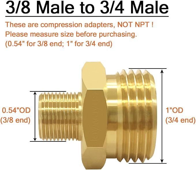 Joywayus 2PCS 3/4 GHT Male to 3/8 Compression Male Thread Adapter Pipe Fitting - Image 2