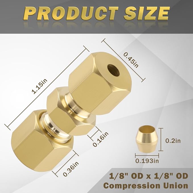 1/8" OD x 1/8" OD Brass Compression Union Fitting, 10 Pack Straight Tube - Image 2
