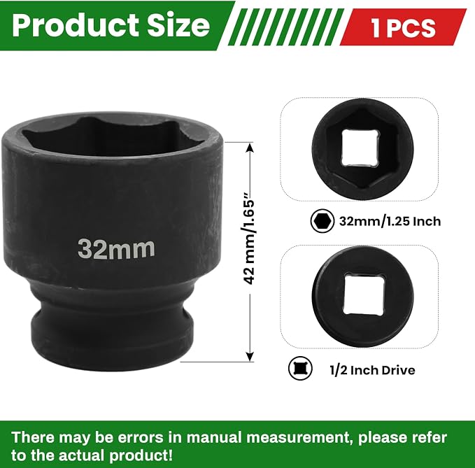 1/2" Drive 32mm Deep Impact Socket, 6 Point Chrome Molybdenum Steel Heavy Duty - Image 2