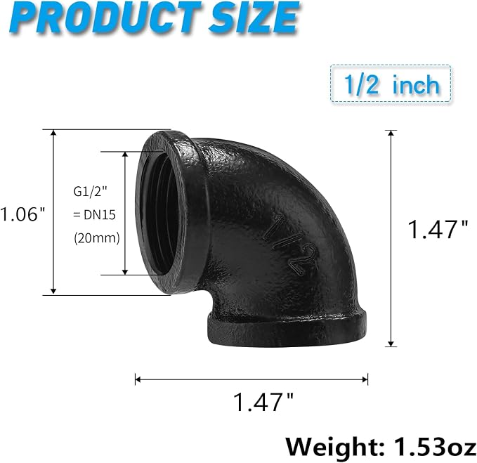 1/2" Black Pipe Elbow, 10 Pack DN15 Threaded Cast Black Malleable Iron Pipe - Image 2
