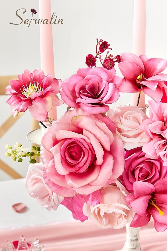 Serwalin Hot Pink Artificial Flowers, Silk Rose Fake Flowers - Image 4