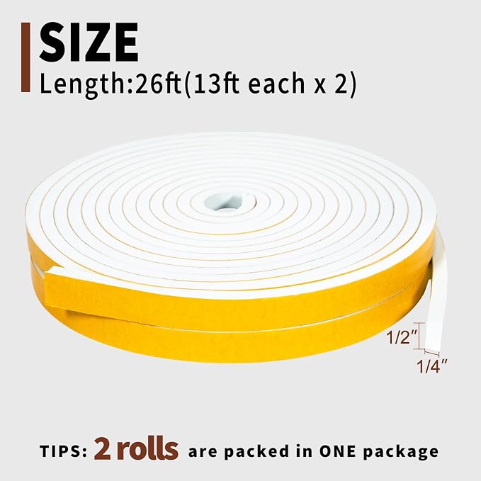 Yotache White Doors Windows Insulation Tape 1/2" x1/4", Total 26 Ft | Foam - Image 4