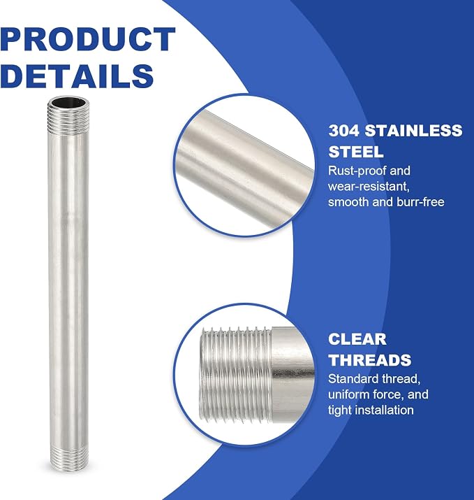 PATIKIL 304 Stainless Steel Pipe Fitting, 2 Pack 1/2" BSP Male x 1/2" BSP Male - Image 4