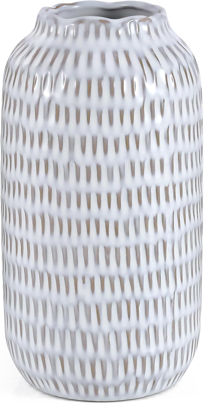 Ceramic Vase for Flowers – Modern Small Ribbed Textured Flower Vase for Home by RIKBVOM