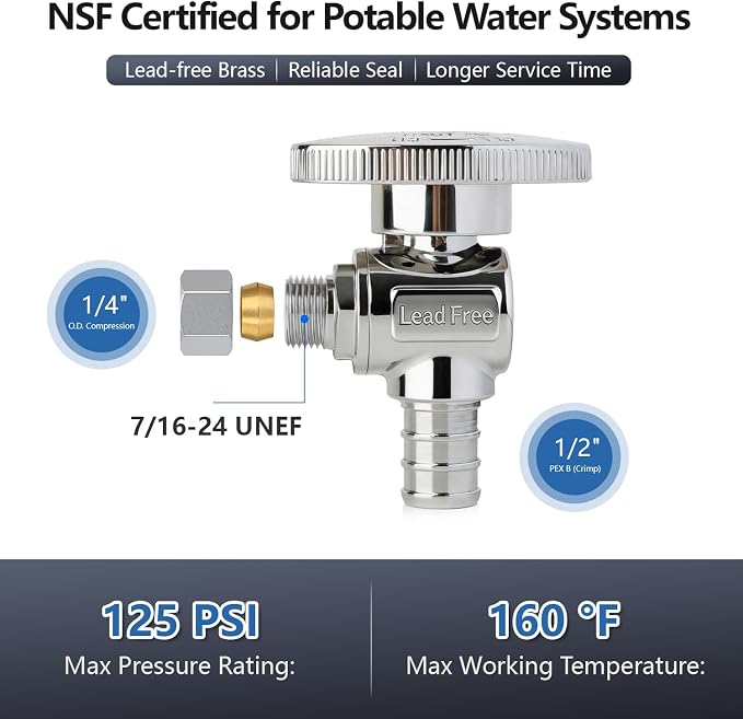 WiseWater 1/2 PEX Angle Stop Valve 1/2" PEX x 1/4" Compression | 1/4 Turn Shut - Image 2