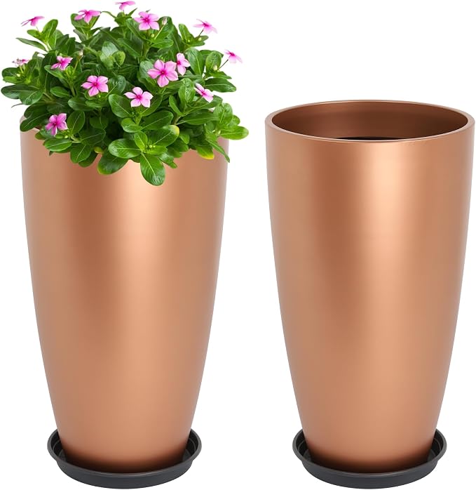 Neoaider Set of 2 Tall Planter, 21 inch Large Plastic Planter, Rose Gold | by Neoaider