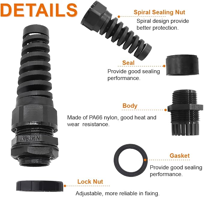 Cable Gland, NPT 3/4", Nylon Joint, Adjustable Locknut, Flex Spiral Strain - Image 4