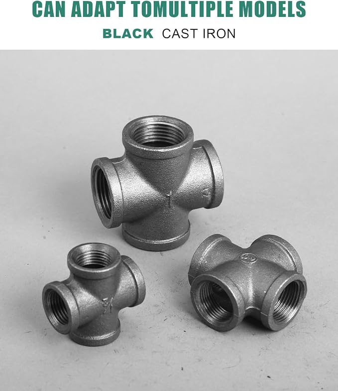 Black Cast Iron Cross Fitting 1/2" Female Thread, 4 Way Industrial Pipe - Image 3