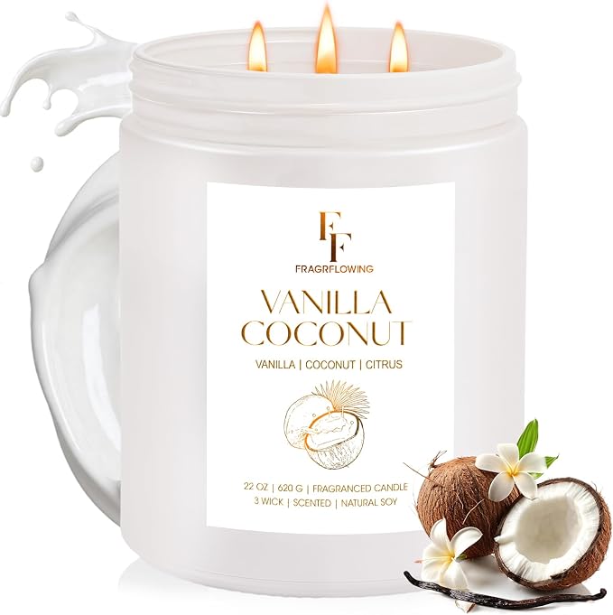 Vanilla Coconut Large Scented Candle, 3-Wick 22oz Long Lasting Scented Candle by FFFRAGRFLOWING