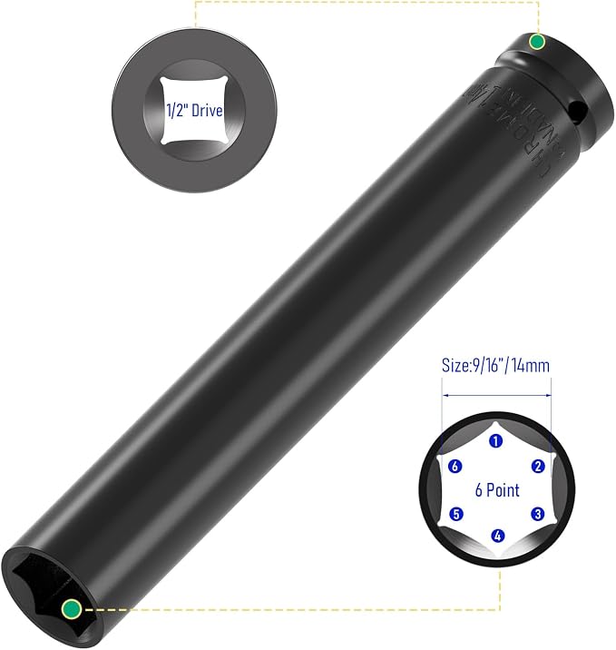 1/2" Drive 14mm Socket Accessory Set, 6 Inch Length | Deep 6-Point Impact - Image 2