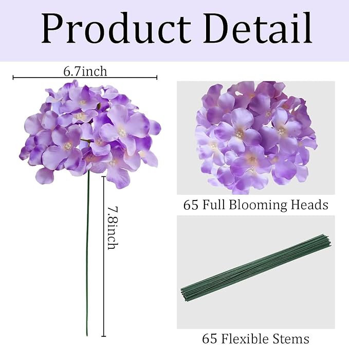 65Pcs Purple Hydrangea Artificial Flowers Bulk，Realistic Silk Fake Flowers - Image 2
