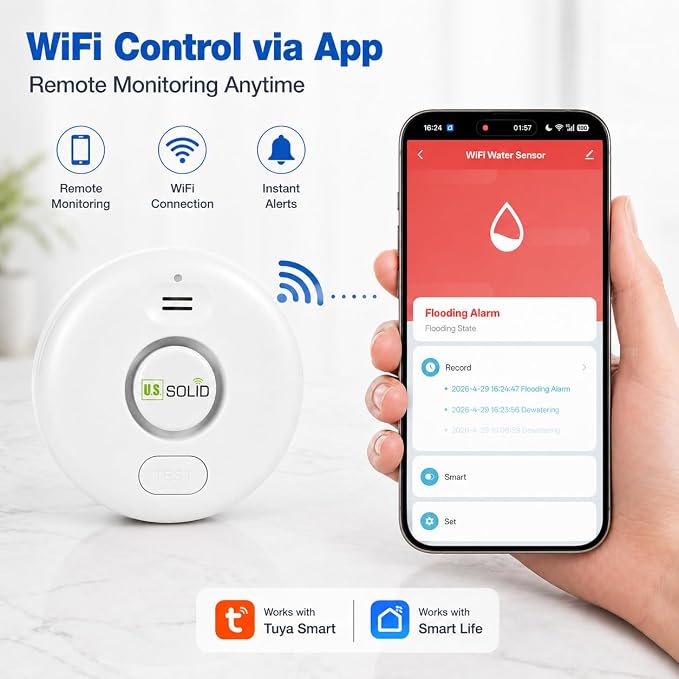 U.S. Solid WiFi Water Leak Detector, Tuya Smart App Flood Sensor Alarm - Image 2