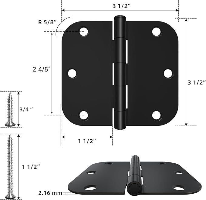 HOSOM 3 Pack Rounded Matte Black Door Hinges 3.5 x 3.5 inch - Image 2