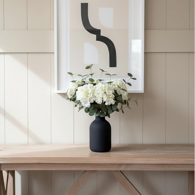 Real Touch White Faux Hydrangea And Eucalyptus Arrangement, Faux Floral - Image 7