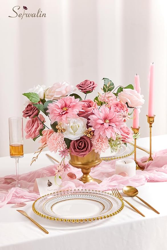 Serwalin Pink Artificial Flowers, Silk Dahlia Flowers - Image 4