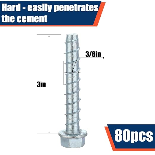 Tandefio 80 Pack 3/8" x 3" Concrete Screw Anchor Galvanized Large Diameter - Image 2