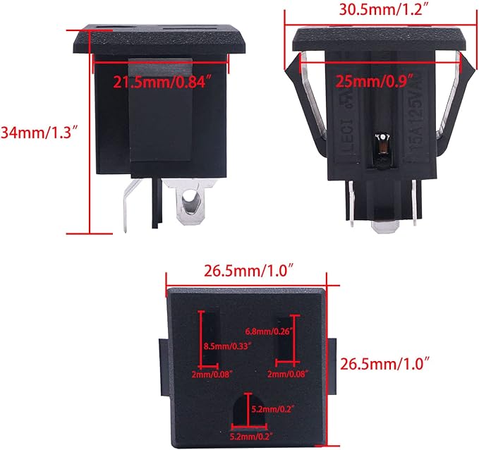 weideer 3Pcs 3 Pins US Power Socket Plug Panel AC 15A 125V Panel Mount Outlet - Image 4