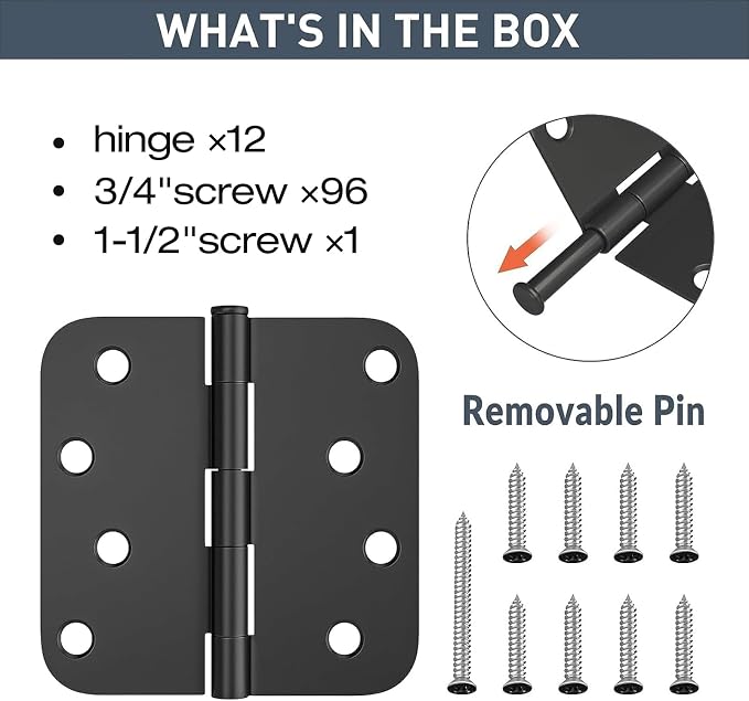HOSOM 12 Pack Heavy Duty Door Hinges, Matte Black Door Hinges 4 x 4 Inch - Image 3