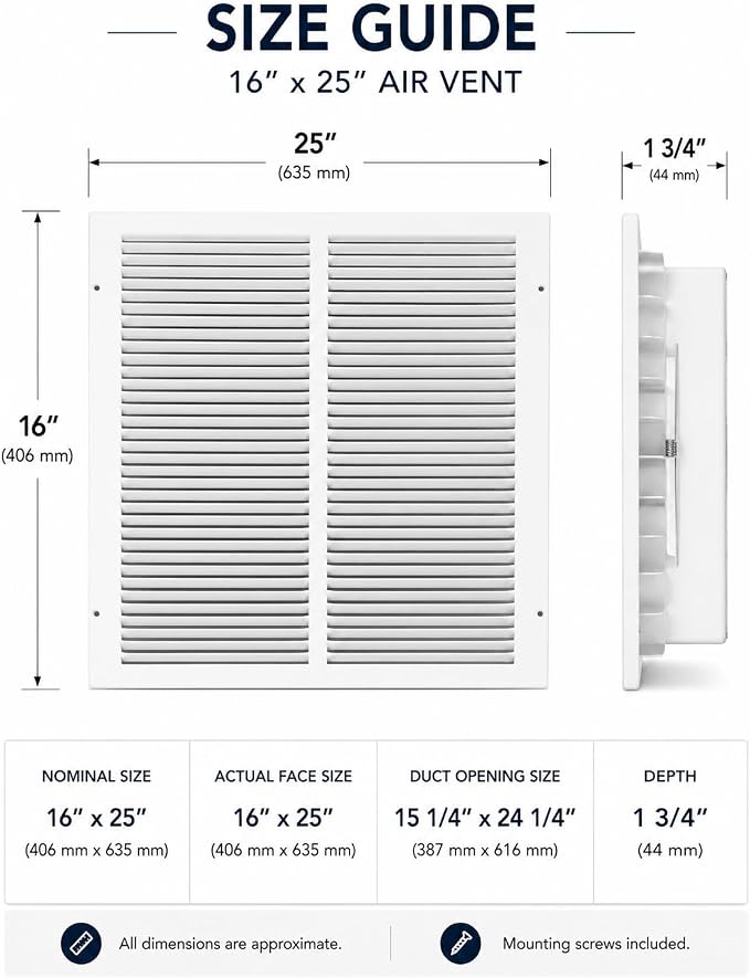 16 x 25 Inch Return Air Vent Cover, Solid Steel HVAC Grille - Image 2