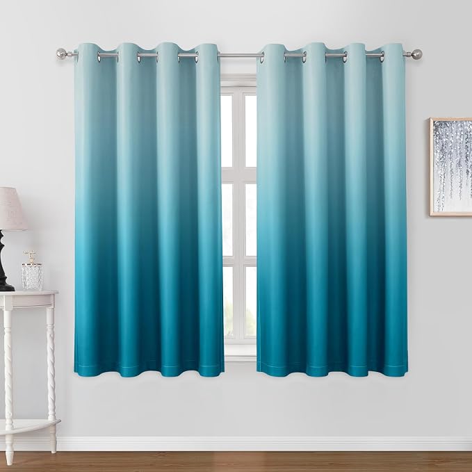 HOMEIDEAS Turquoise Ombre 100% Blackout 52W x 63L 2 Panels | Gradient, Room by HOMEIDEAS