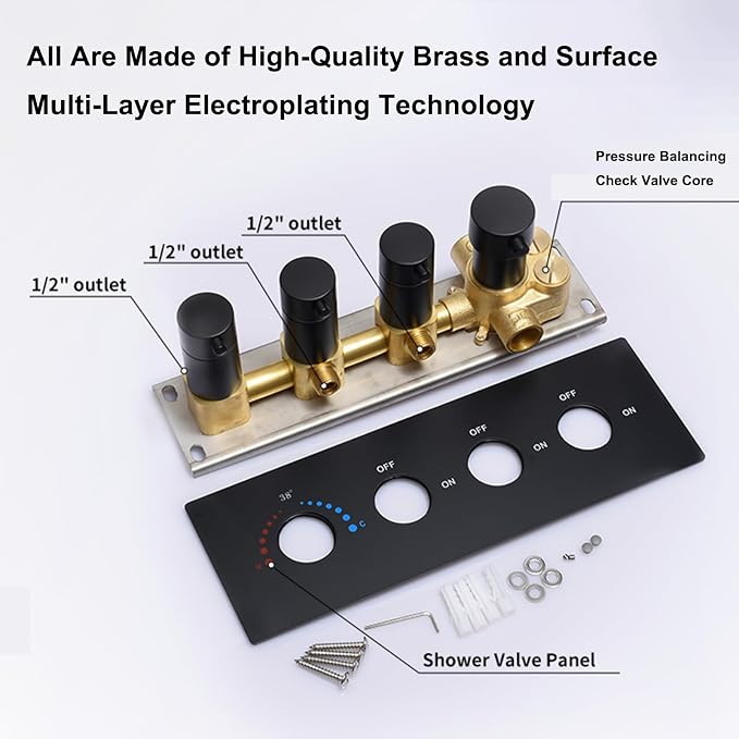 Matte Black Thermostatic Shower Mixing Valve | Concealed Mount, Pressure - Image 3