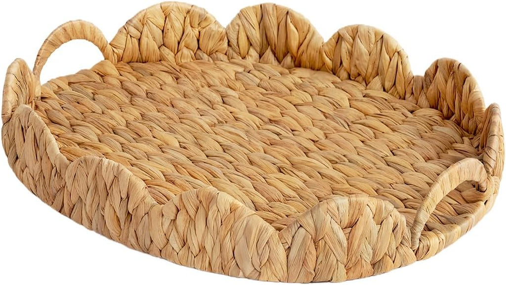 StorageWorks Elliptical Wicker Scalloped Tray, Water Hyacinth Rattan Trays | by StorageWorks