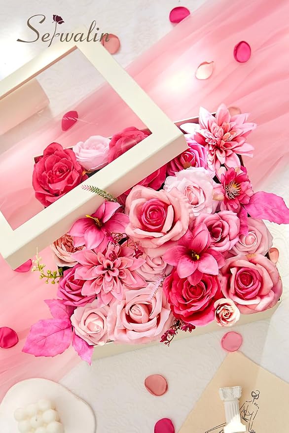 Serwalin Hot Pink Artificial Flowers, Silk Rose Fake Flowers - Image 8