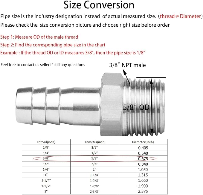 Stainless Steel Hose Barb Fitting 1/4" Hose Barb to 3/8" NPT Male Thread - Image 2