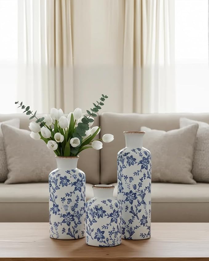 Blue and White Ceramic Vase Set of 3, Vintage Floral Vases - Image 4