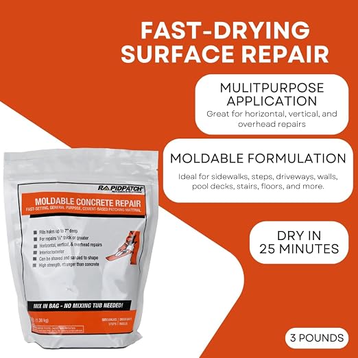 Rapid Patch Moldable Concrete Repair, 3 Pound Bag | Quick Fix Concrete Patch - Image 2