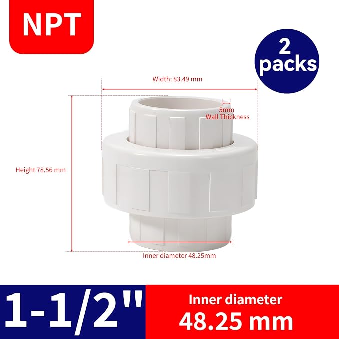 1-1/2 Inch PVC Union Coupling Pipe Fitting 1.5 Inch Schedule 40 Slip Union - Image 2