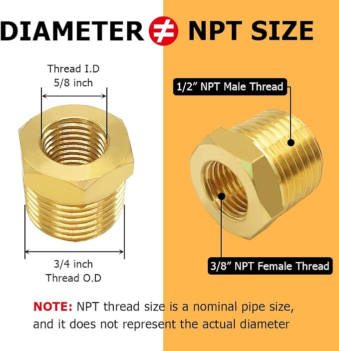 Hooshing 10PCS Brass Reducer Hex Bushing 1/2" NPT Male x 3/8" NPT Female | - Image 2