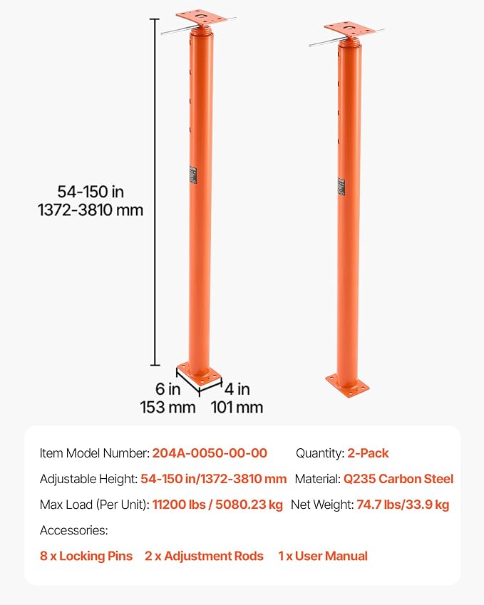 VEVOR House Floor Jacks, 2 Pack 54-150 Inch Height Range, 11200 lbs Max Load - Image 7