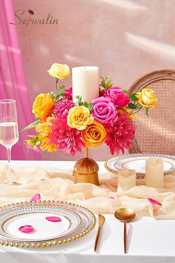 Serwalin Hot Pink Orange Artificial Flowers Silk Flowers - Image 2