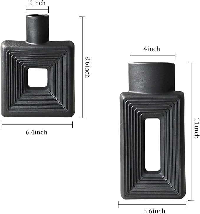 Black Ceramic Vase Set of 2，Square Vase Rustic Home Decor Minimalist Nordic - Image 6