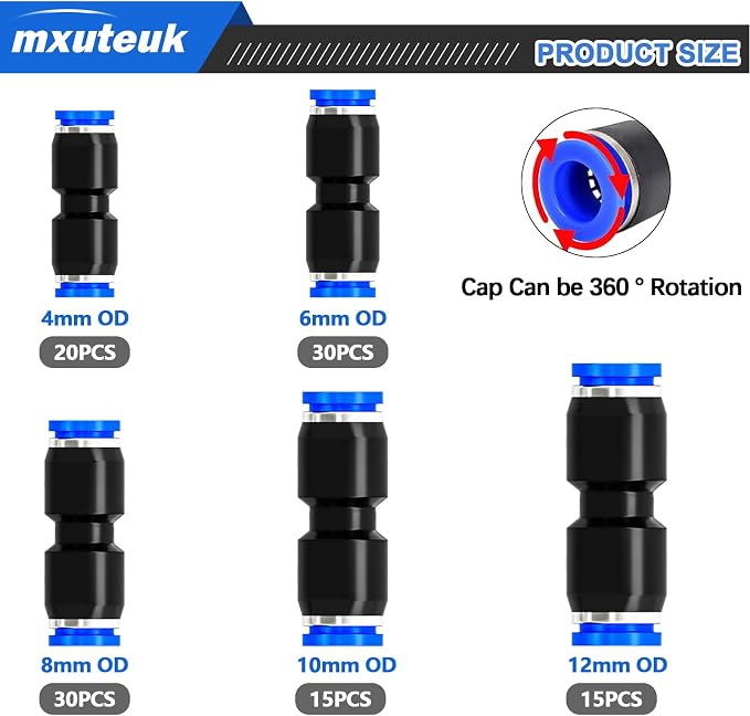 mxuteuk 110PCS Quick Connect Air Hose Fittings, 4/6/8/10/12mm Straight Push to - Image 2
