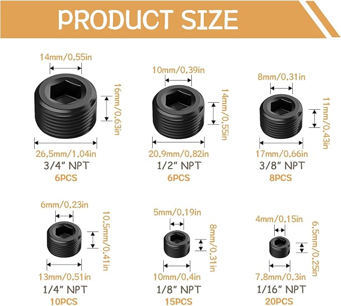 65PCS 6 Size 1/16" 1/8" 1/4" 3/8" 1/2" 3/4" NPT Pipe Fittings - Image 2