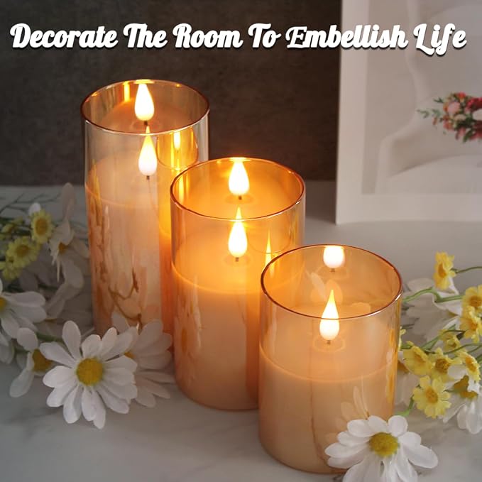 LEDHOLYT Rechargeable Gold Glass Flameless Candles, Flashing LED Pillar Real - Image 3