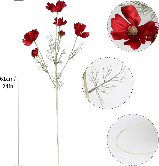 6PCS Cosmos Silk Flowers 24'' Red Daisy Flowers Artificial Fake Wild Flowers - Image 3
