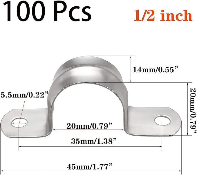 100 Pcs 1/2inch Rigid Pipe Strap, Two Hole Stainless Steel Strap U Bracket - Image 2