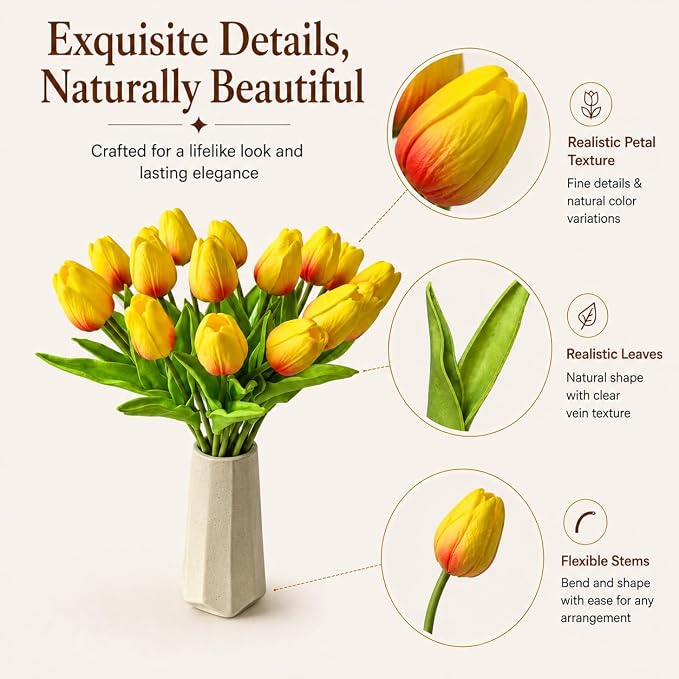 Mandy's 20pcs Artificial Sunset Tulips | 13.5 Inch Lifelike PU Tulips Faux - Image 4