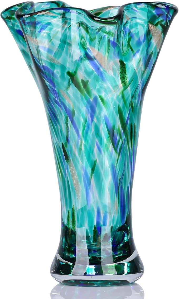 LCCCK 9.0" H Teal Glass Vases for Flower, Unique Hand Blown Glass Vase | Wide by LCCCK