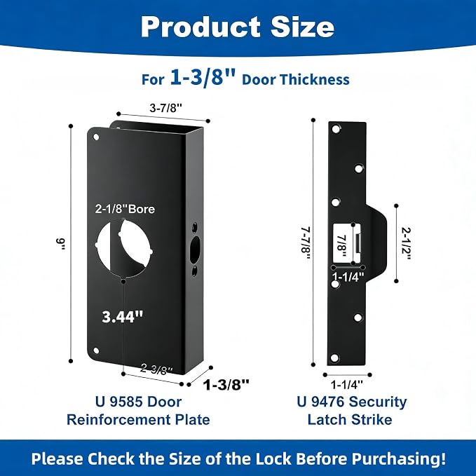 Black U 9585 Stainless Steel Lock and Door Reinforcement Plate fits 1-3/8" - Image 2