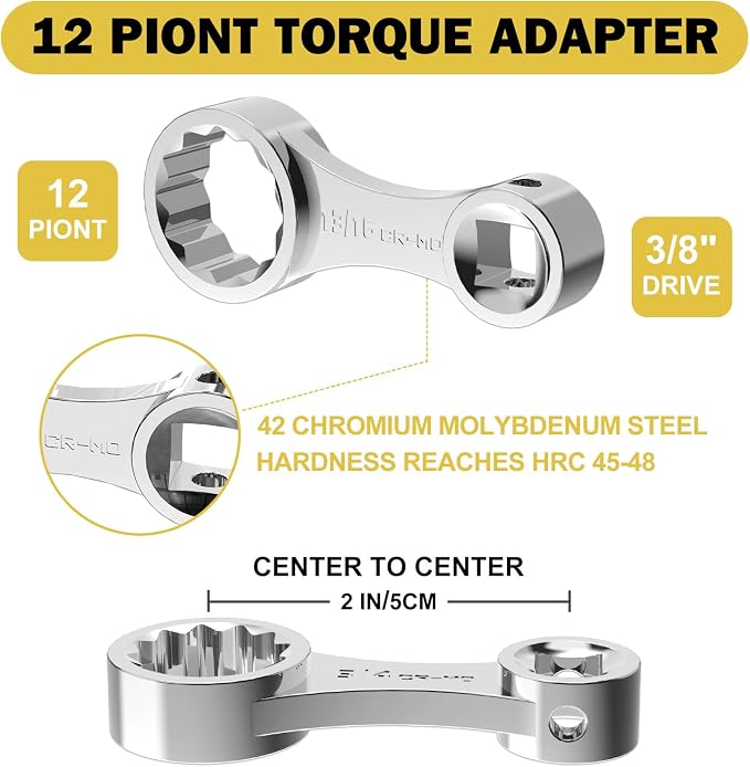 12 Pcs SAE Torque Adapter Set, 5/16"-7/8", 3/8" 12-Point Extension | Cr-Mo Steel - Image 3