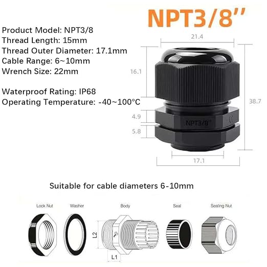 10 Pack 3/8"-10 NPT Cable Gland Waterproof IP68 Nylon Cable Pass Through Cord - Image 2