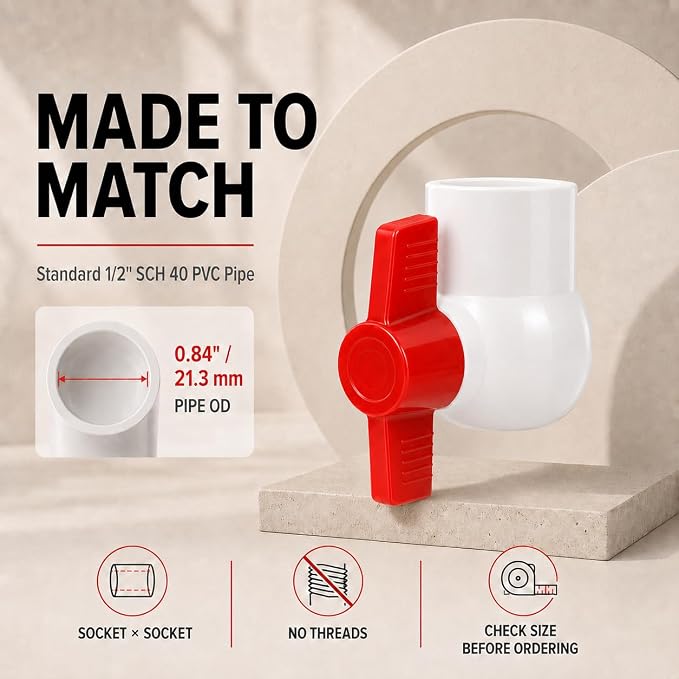 3/4 Inch PVC Ball Valve, 2 Pack | Fits 1.05" OD PVC Pipe, 150 PSI Socket x - Image 2