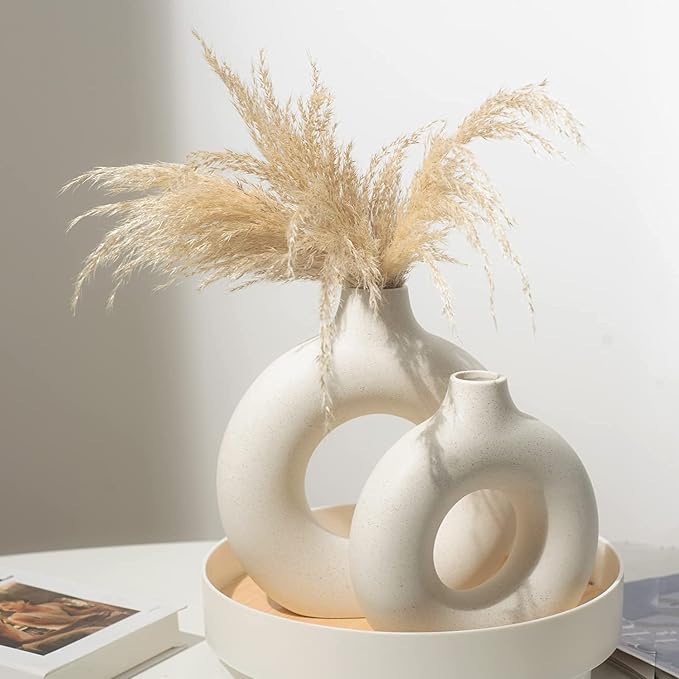 White Ceramic Vases- 2 for Modern Home Decor, Round Matte Boho Vase for Decor - Image 5