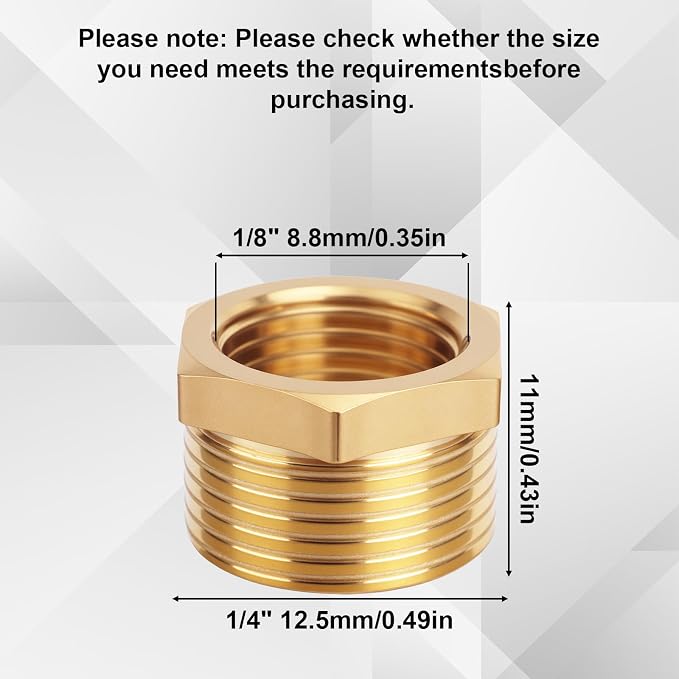 9pcs Brass Reducer Hex Bushing, 1/4" NPT Male to 1/8" NPT Female Adapter | - Image 2